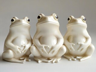 Obraz premium Three charming amphibian figurines sitting together on a neutral surface