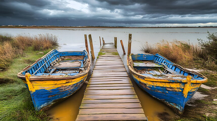 Old Boats Dock Stormy River Landscape
