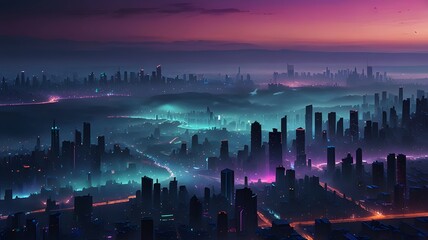 Neon cityscape at twilight