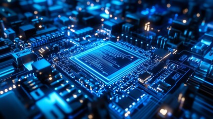 Fototapeta premium Close-up view of a complex circuit board with a central processor chip highlighted in vibrant blue light.