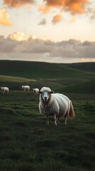 Obraz premium Sheep on a grassy hill at sunset