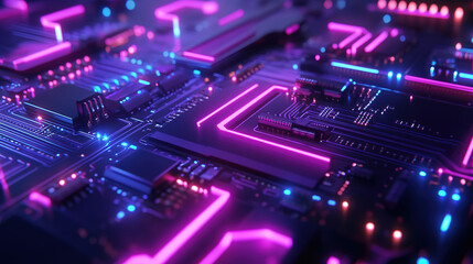 Obraz premium Abstract cyberpunk neon circuit board glowing in blue and purple, symbolizing futuristic technology and digital innovation.
