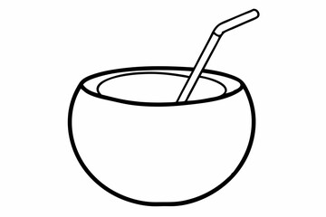 Coconut with half-cut and straw line art vector illustration.
