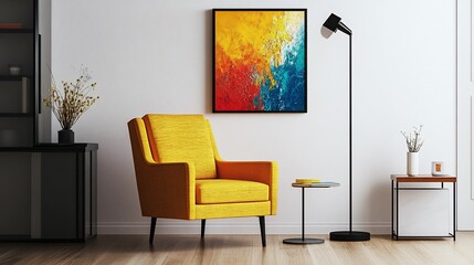 Cozy yellow armchair in modern living room with abstract art.