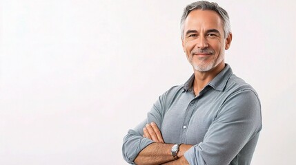 Fototapeta premium Confident Middle-Aged Man Smiling in Casual Attire Against Plain Background