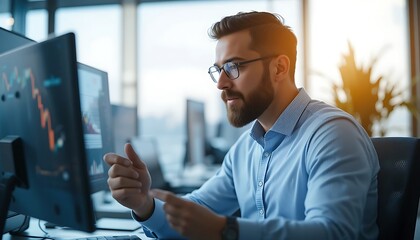 Focused businessman analyzing financial data on computer screens in modern office, strategic planning and market analysis concept