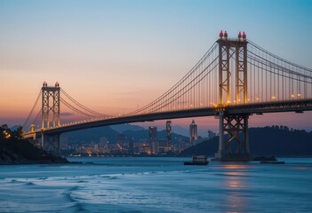 Naklejka premium City skyline view at dusk with lights illuminating bridge over water