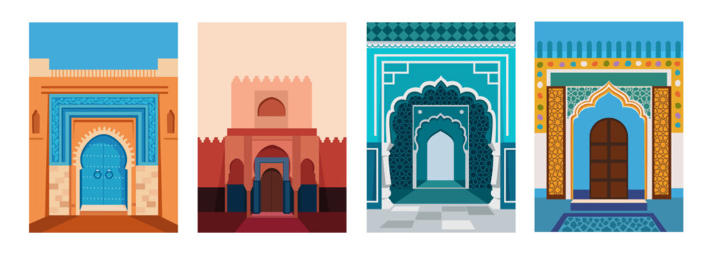 Eastern architecture. Arabic design. Doors and arches. Set of vector vertical illustrations.
