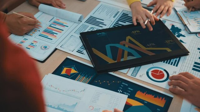 A diverse team of business professionals engages in collaborative data analysis, discussing strategies and insights while surrounded by modern technology and analytical tools. SACTR