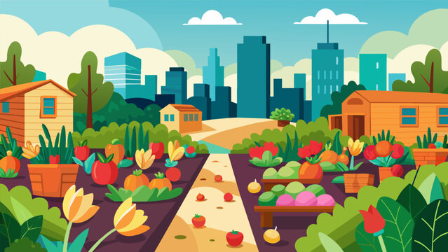 Bursting with colorful flowers and thriving produce an abandoned lot is transformed into a bustling urban farm providing fresh food to the surrounding. Vector illustration