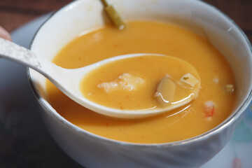 Rich and hearty seafood soup served in a bowl for dinner