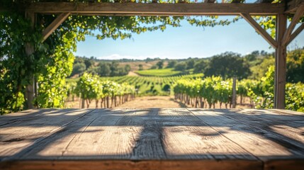 Serene vineyard landscape with rustic table under the pergola on a clear sunny day