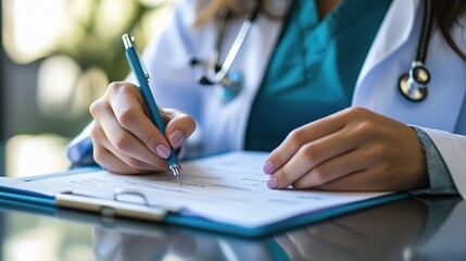 Female Doctor Writing in Patient Chart with Focus and Attention