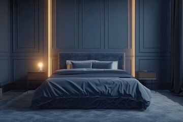 Grey Home Bedroom Interior with Bed on Carpet, Nightstand and Mockup Wall