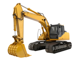 Large yellow excavator with detailed textures, isolated on transparent background