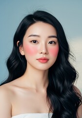 Obraz premium Soft light enhances youthful beauty portrait gentle blush flowing black hair. AI Generated