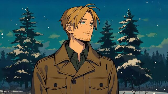 Anime-style illustration of a handsome, rugged blonde man with wide cheekbones and European features, standing in a snowy forest under the northern lights.
