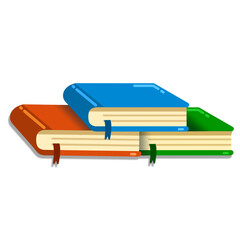 Heap of colorful books. Book stack with three color. Blue, orange, and green isolated on white background. Pile of books icon. Elements for education, learning, and literature. Vector illustration.