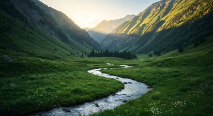Serene mountain valley stream glows golden under warm morning light. AI Generated
