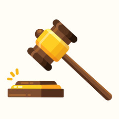 Judge gavel icon in brown and yellow color. Wooden lawyer hammer icon. This design is perfect for representing legal, justice, and law. Elements for judge, lawyer, and auction. Vector illustration. 