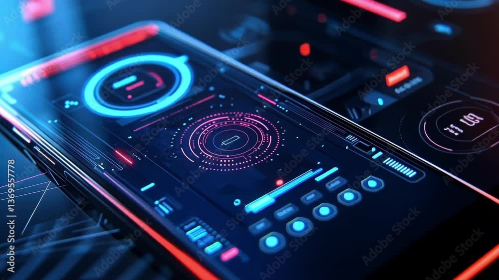 Wall mural futuristic smartphone featuring a heads up display that shows security information and system status