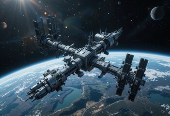 Detailed futuristic space station orbiting Earth in a vibrant cosmic environment