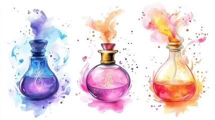 Watercolor Painting of Colorful Glass Bottles with Smoke