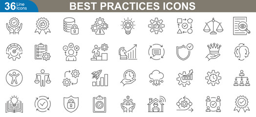 Best practices icons set. Industry standards in business, technology, healthcare, cybersecurity, project management, productivity, compliance, performance, and more. Vector illustration