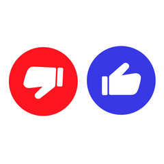 Like and dislike icon symbol in circle with red and blue color isolated on white background. Thumbs up and thumbs down vector illustration. Suitable design for feedback and rating icon set. App icon.