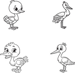 Cartoon Duck Character Set – Cute Outline Animal Illustrations for Coloring and Design
