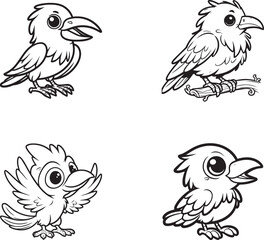 Cartoon Bird Character Set – Cute Outline Bird Illustrations for Kids and Coloring Pages