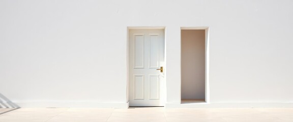Clean whitewashed wall with simple closed door, recessed doorframe, room, background, vintage