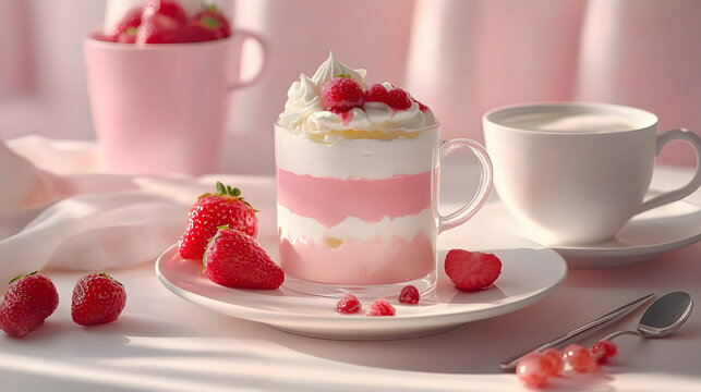 A dish of chou cream and a glass of stawberry chease cake with a cup
