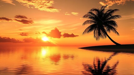 Tropical sunset silhouette paints the ocean and palm-fringed beach with orange hues