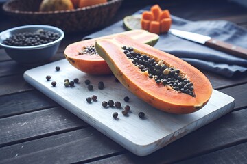 Sliced GMO Papaya on Cutting Board: Vibrant Orange Flesh and Optimized Growth Representation