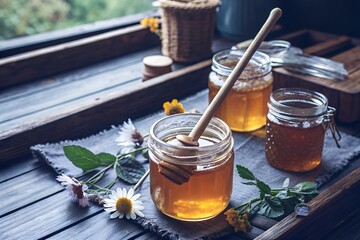 Jars of Honey and Wooden Stick Sweet and Natural Food Illustrations for Creative Designs