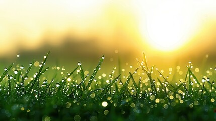 Obraz premium Dew Drops on Grass Blades at Sunrise Nature's Refreshing Beauty
