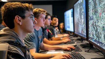 University students concentrating on computer screens while working on a cyber security project, analyzing data and collaborating in a modern classroom setting - Powered by Adobe