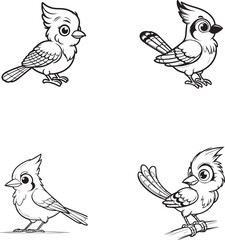 Cartoon Songbird Character Set – Cute Forest Bird Outlines and Perched Bird Illustrations for Kids and Coloring Pages