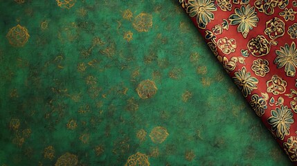 Green & red patterned fabric backdrop, textured surface, design element