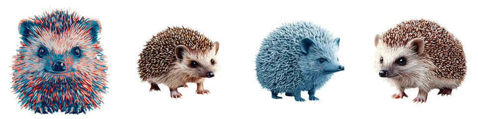 Obraz premium A collection of four vibrant and adorable hedgehogs showcasing their distinctive spikes varied colors and natural woodland habitats