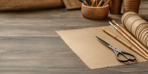 kite making workshop, in the background, a softly blurred kite workshop complements a wooden table adorned with a variety of kite-making tools