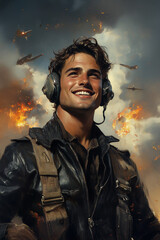 Fototapeta premium Młody pilot w lotniczej kurtce i słuchawkach z uśmiechem patrzy w dal, otoczony eksplozjami i samolotami w powietrzu. Dynamiczna ilustracja o tematyce wojskowej i lotniczej.