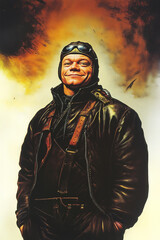 Fototapeta premium Młody pilot w lotniczej kurtce i słuchawkach z uśmiechem patrzy w dal, otoczony eksplozjami i samolotami w powietrzu. Dynamiczna ilustracja o tematyce wojskowej i lotniczej.