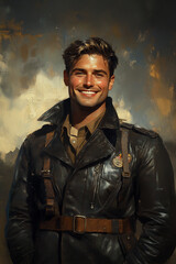 Fototapeta premium Młody pilot w lotniczej kurtce uśmiechem patrzy w dal Dynamiczna ilustracja o tematyce wojskowej i lotniczej.