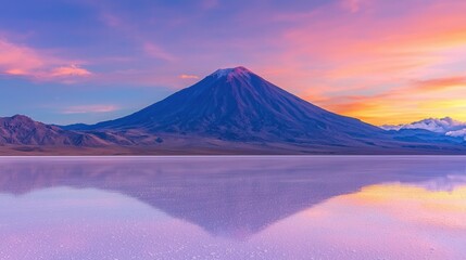 Majestic Volcano at Sunset Reflected in Calm Waters Stunning Landscape