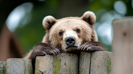 Brown Bear Cub Peeking Over Wooden Fence