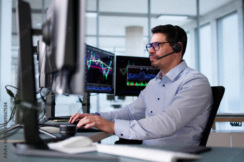 Poster hispanic man looking at multiple screens