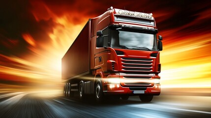 Red truck on a highway at sunset