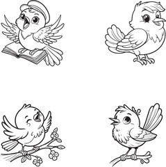 Cute Cartoon Songbirds on Branch Silhouette Set – Adorable Line Art Birds for Coloring Pages and Kids Illustration

